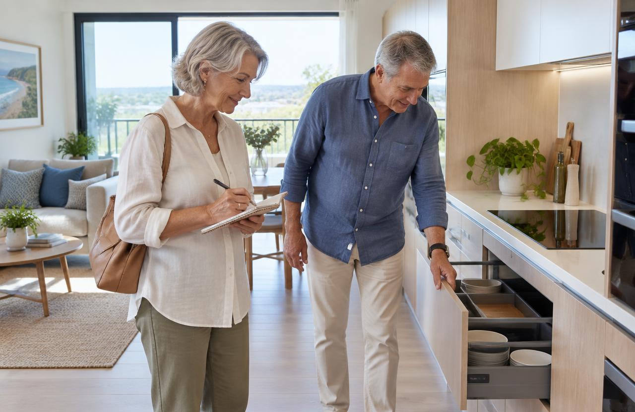 Older Australian couple taking notes while inspecting the kitchen in a retirement living unit