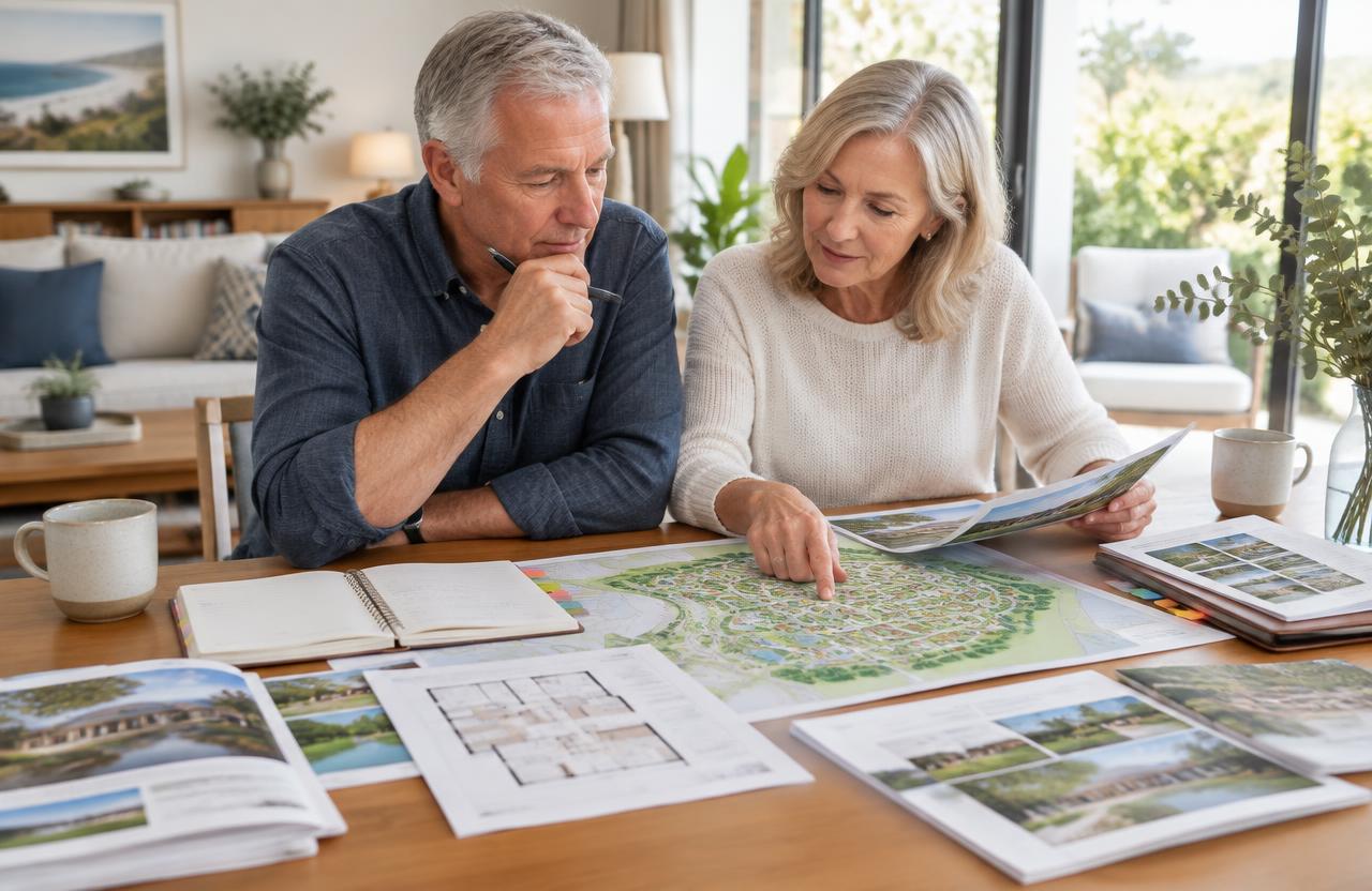 Older Australian couple comparing retirement village layouts, maps and notes at home