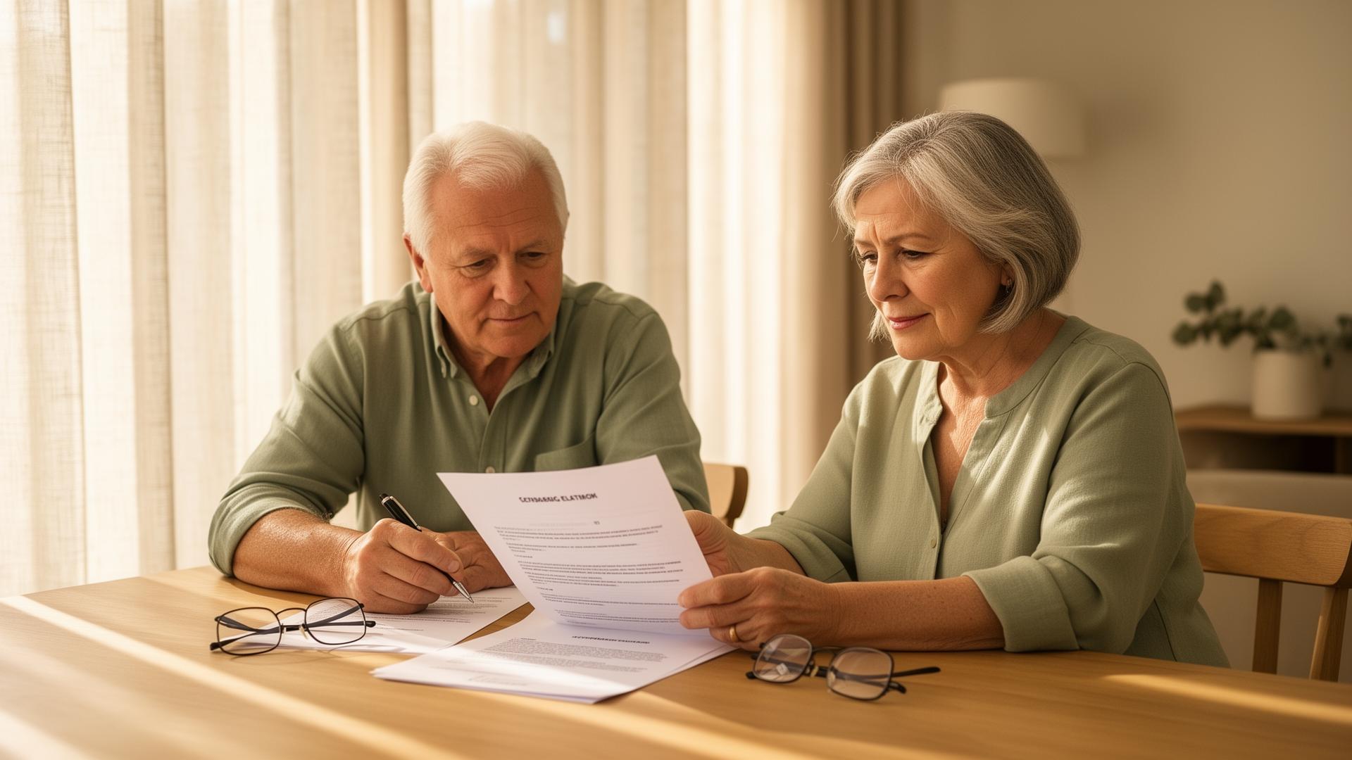 An older Australian couple sitting at a sunlit dining table calmly reviewing a printed retirement village contract together