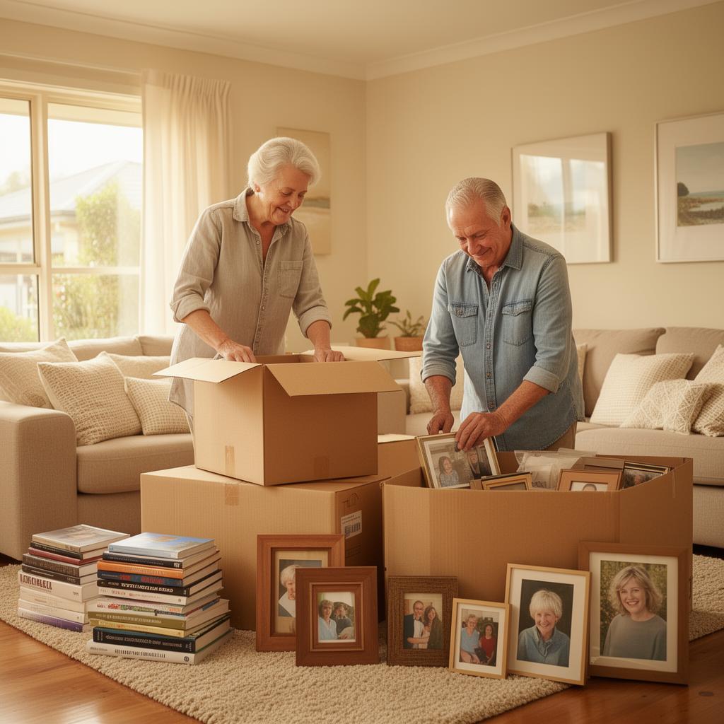 An older couple gently packing moving boxes together in their warm, sunlit Australian living room