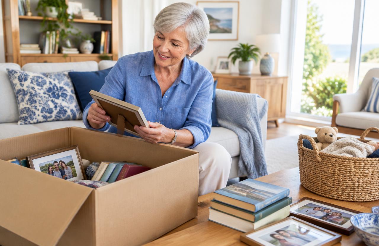 Older Australian woman calmly sorting books and family photographs while downsizing at home