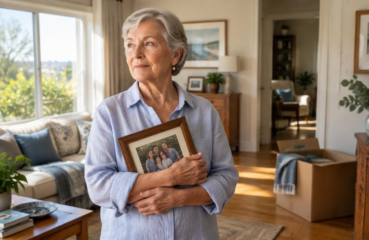 Older Australian woman reflecting on family memories while preparing to leave her long-term home