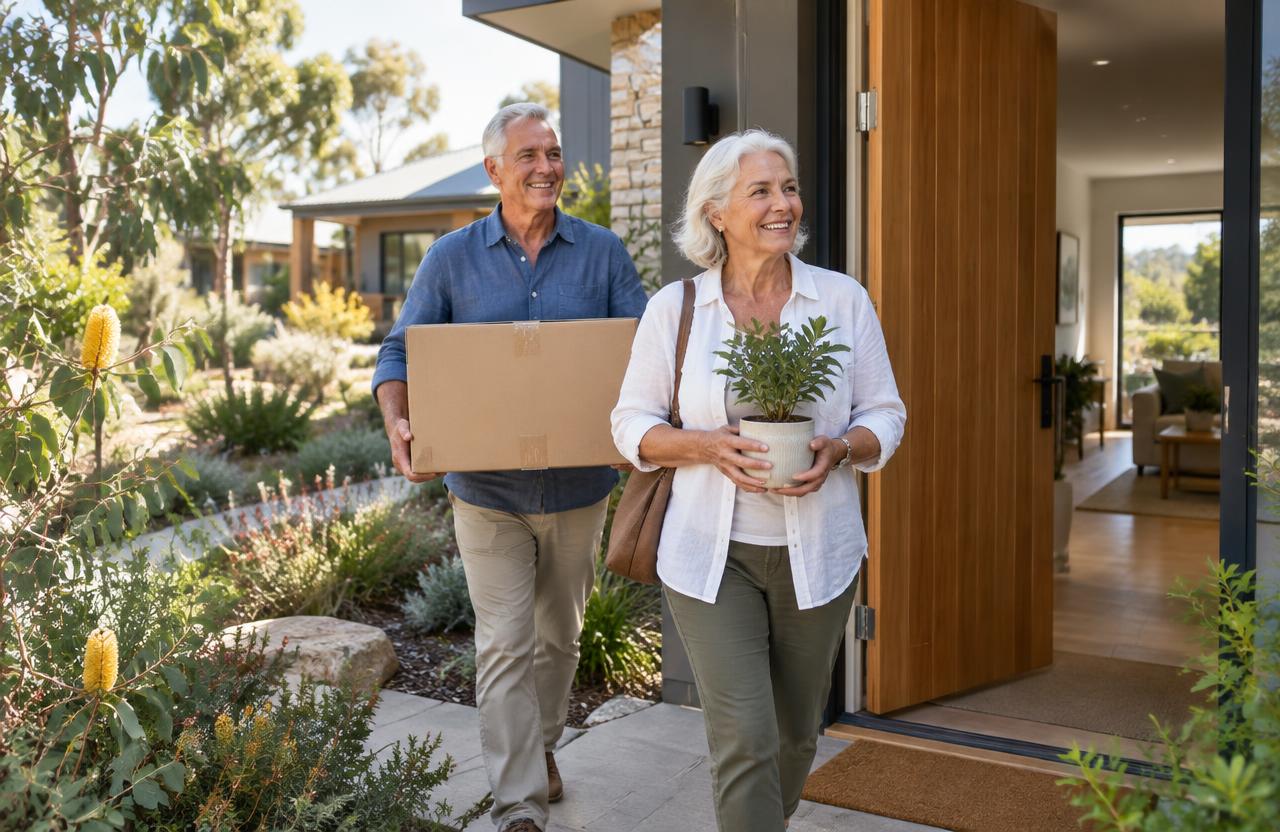 Older Australian couple arriving at a contemporary retirement community home with a plant and moving box