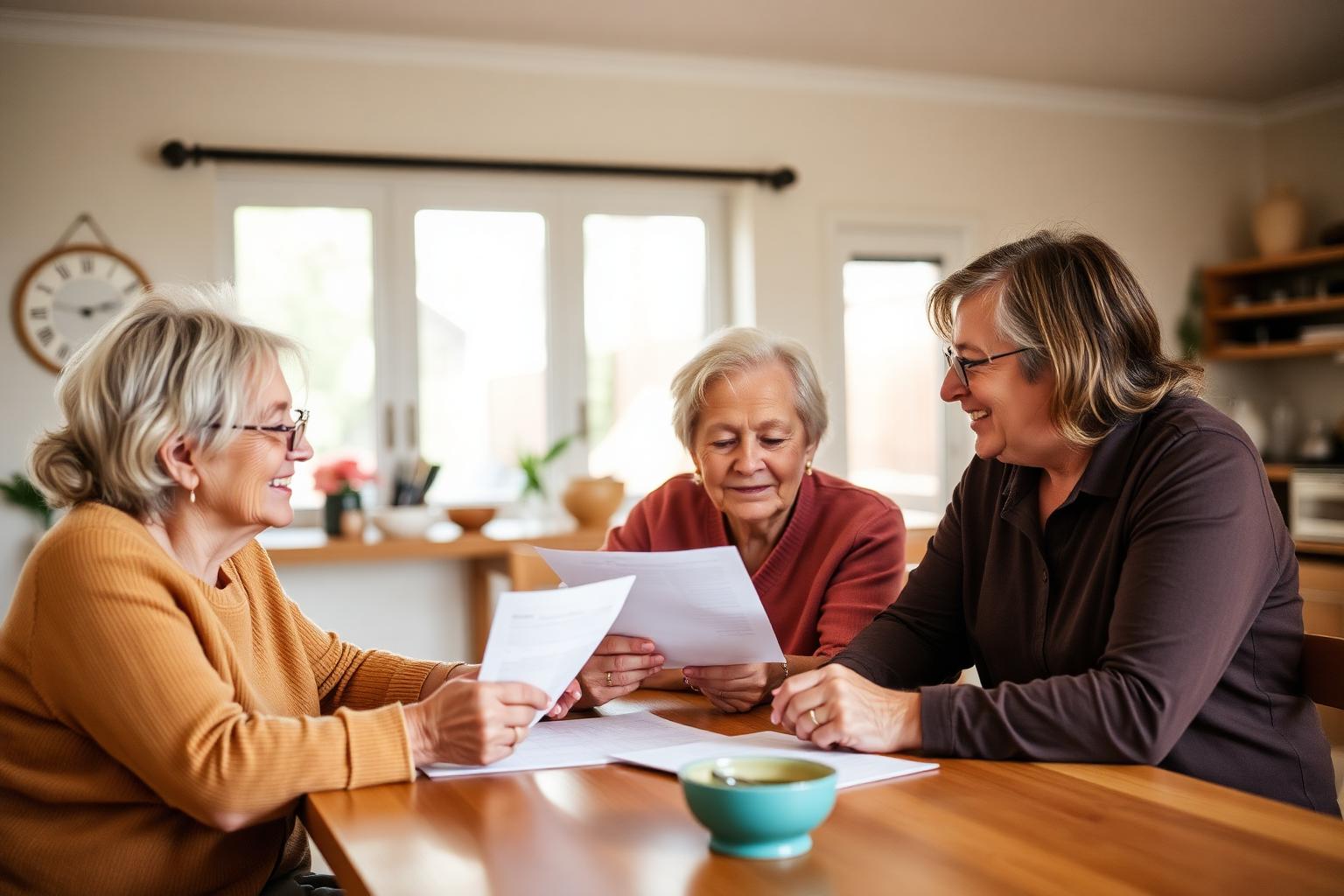 An older couple reviewing home care paperwork with a coordinator at their kitchen table