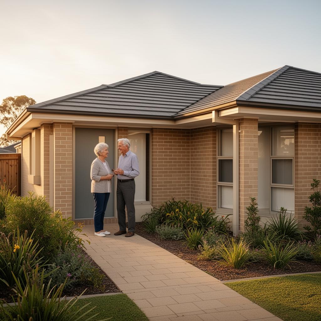 An older couple chatting near the front door of a modern single-storey independent living unit with a tidy garden in warm afternoon light