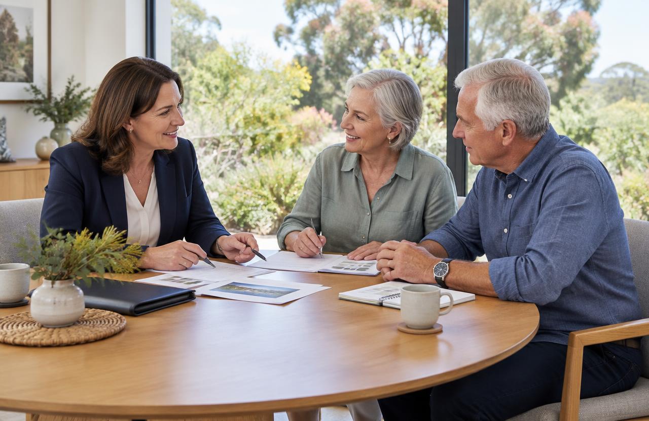 Independent retirement living adviser helping an older Australian couple organise their options