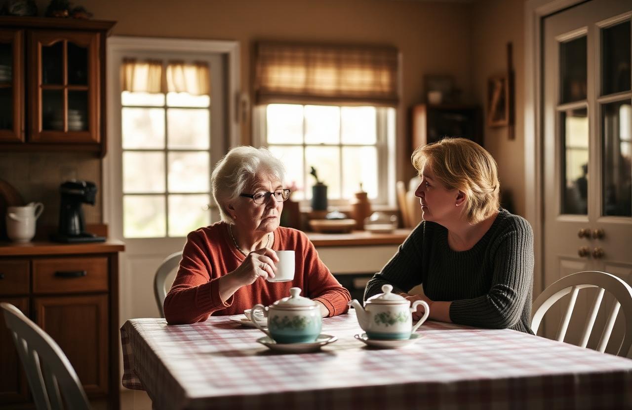 An older woman and her adult daughter having a calm conversation over tea at a sunlit kitchen table