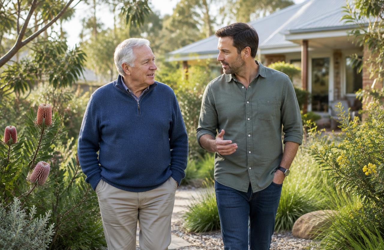 Older Australian father and adult son talking while walking together in a garden
