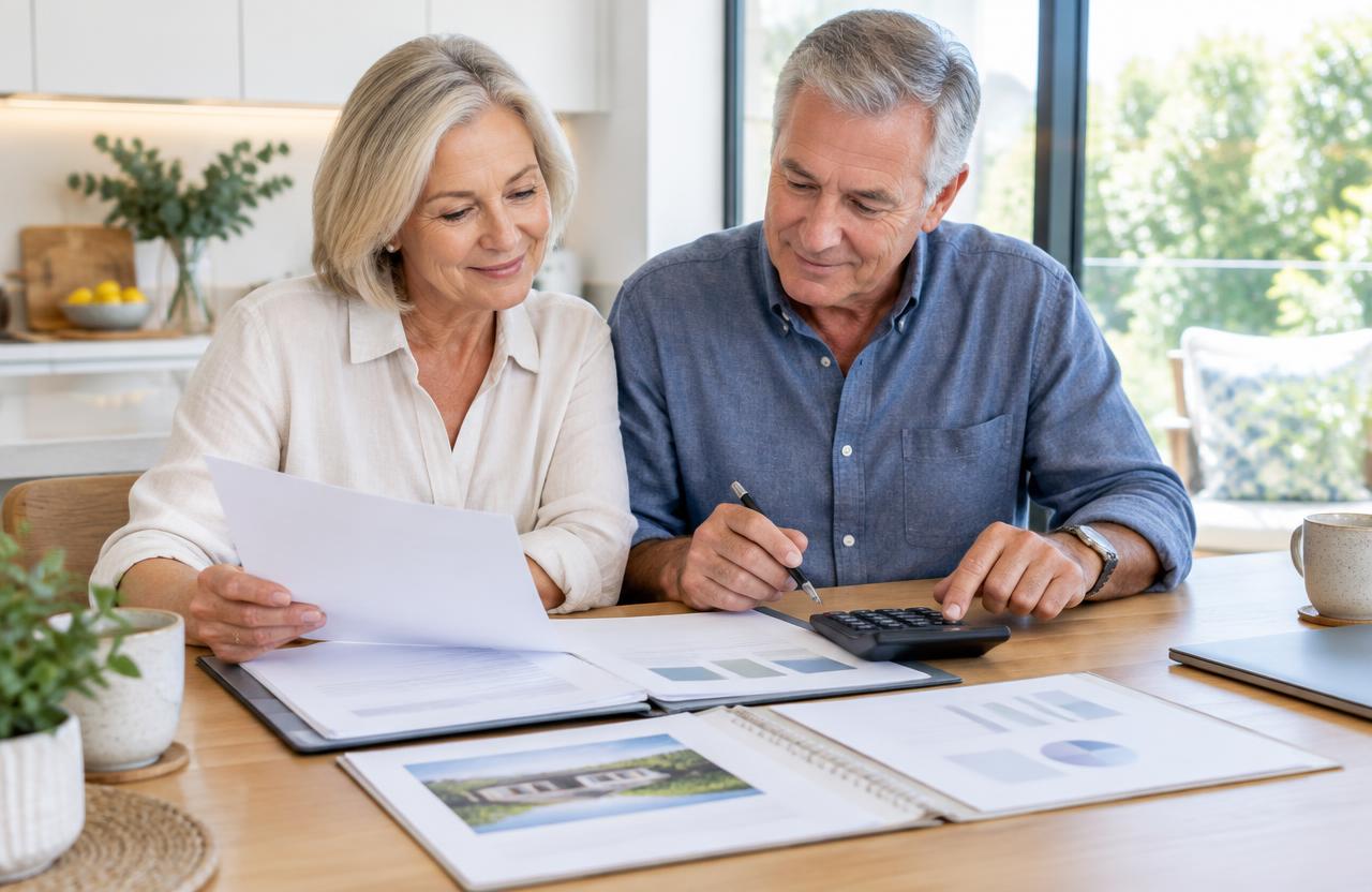 Older Australian couple calmly reviewing retirement village costs and documents at home