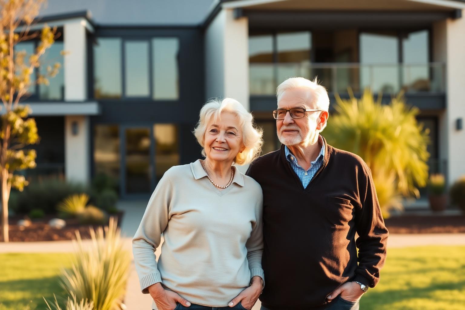 An older Australian couple thoughtfully considering retirement village options together