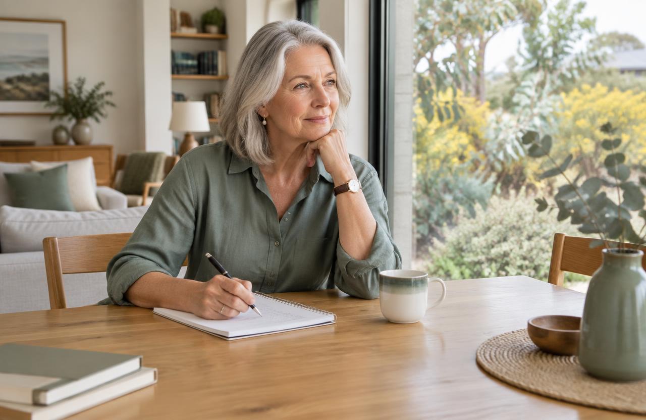 Older Australian woman writing her retirement living priorities in a notebook at home