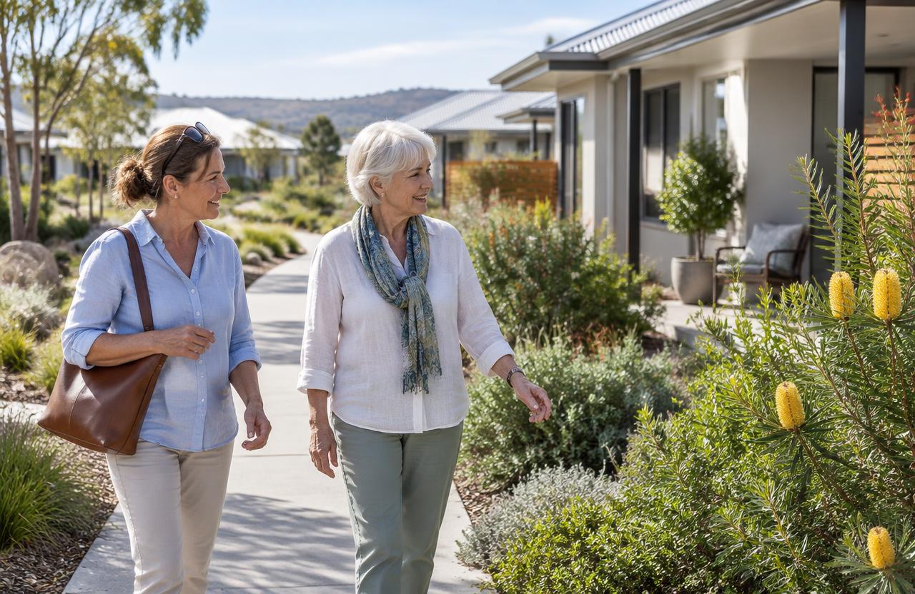 Two Australian women touring a landscaped retirement living community