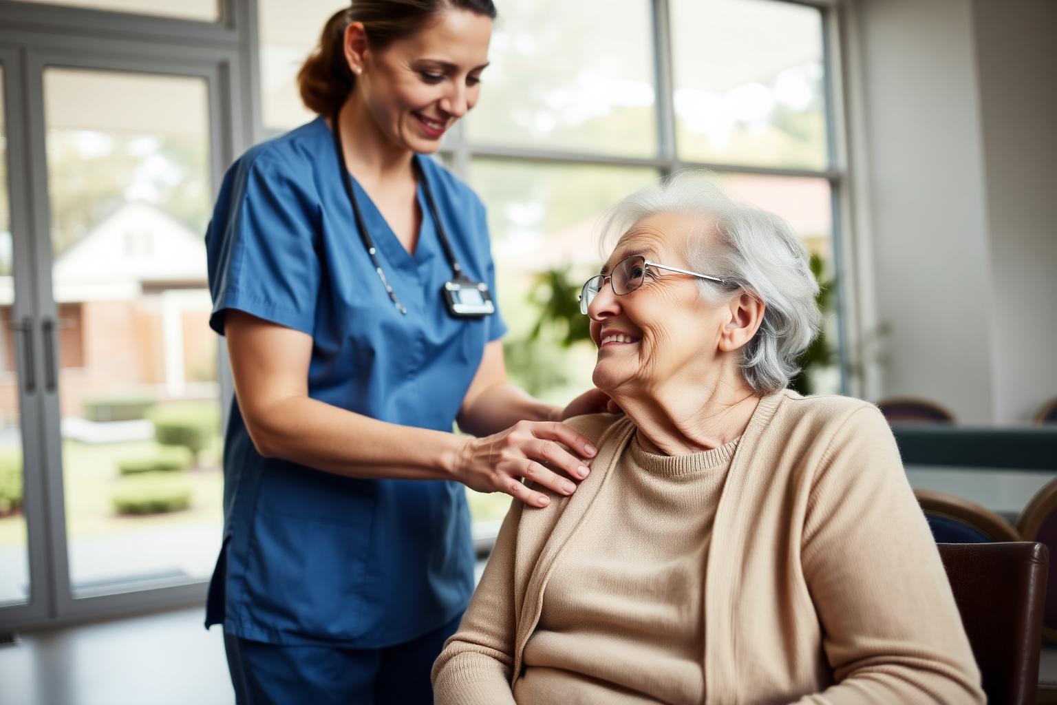 An elderly woman being gently assisted in a bright, modern aged care common room