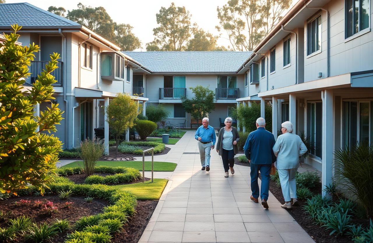 Older residents walking through a landscaped retirement village courtyard in soft afternoon light