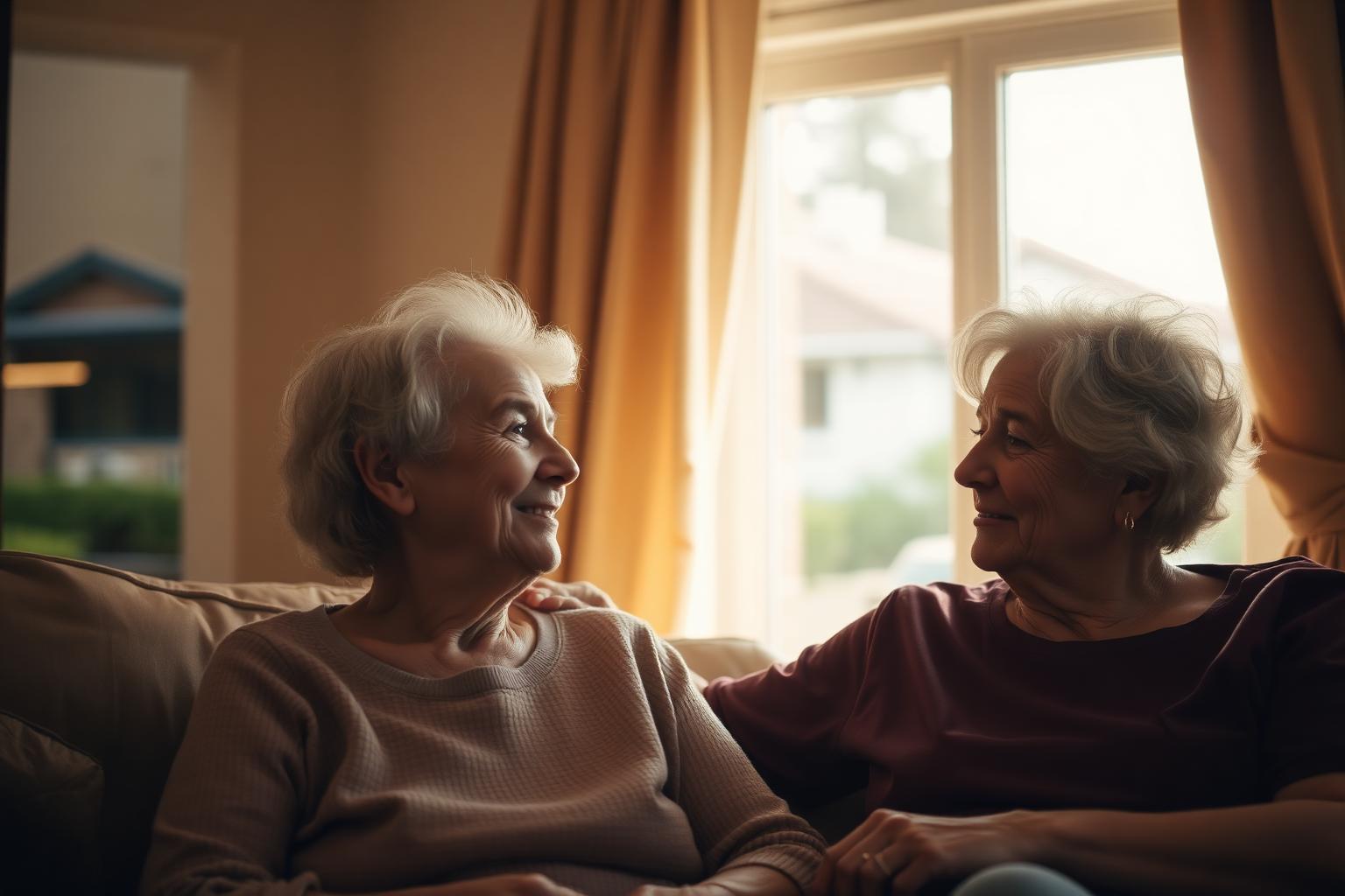 An older woman at home with a support worker, with a retirement village visible through the window