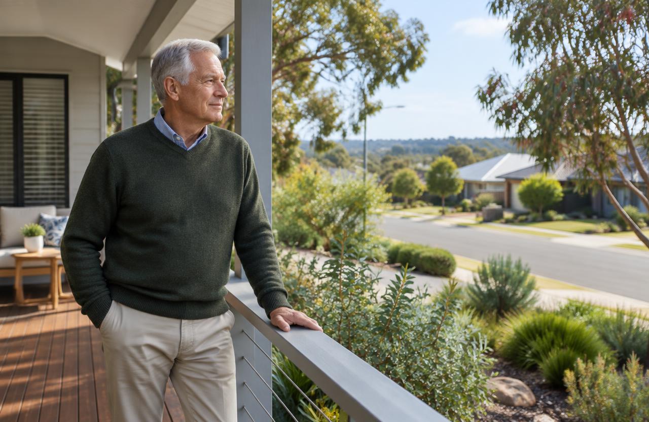 Older Australian man reflecting on his future while standing on the veranda of his home