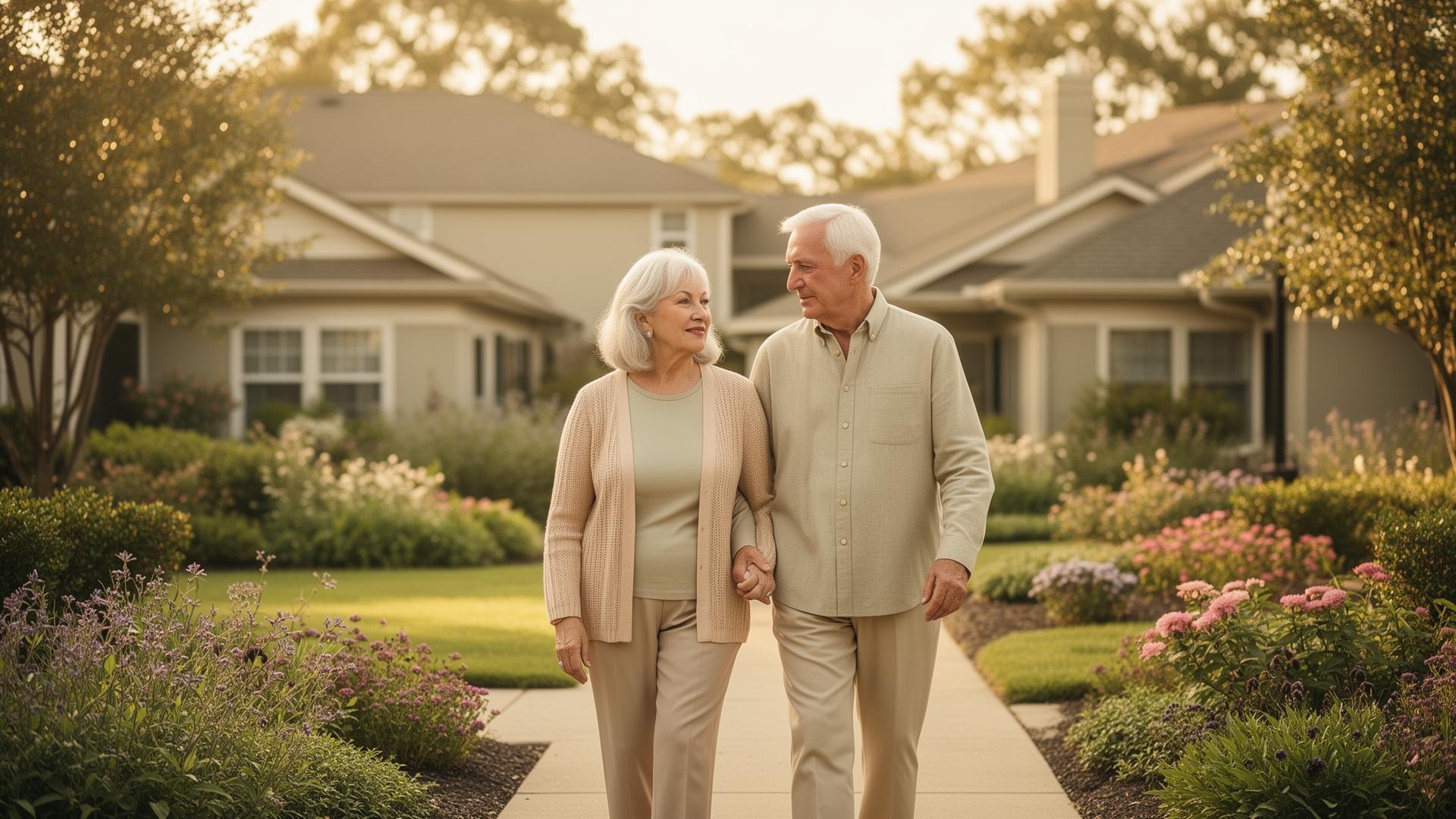Mature couple walking together in a peaceful retirement village garden
