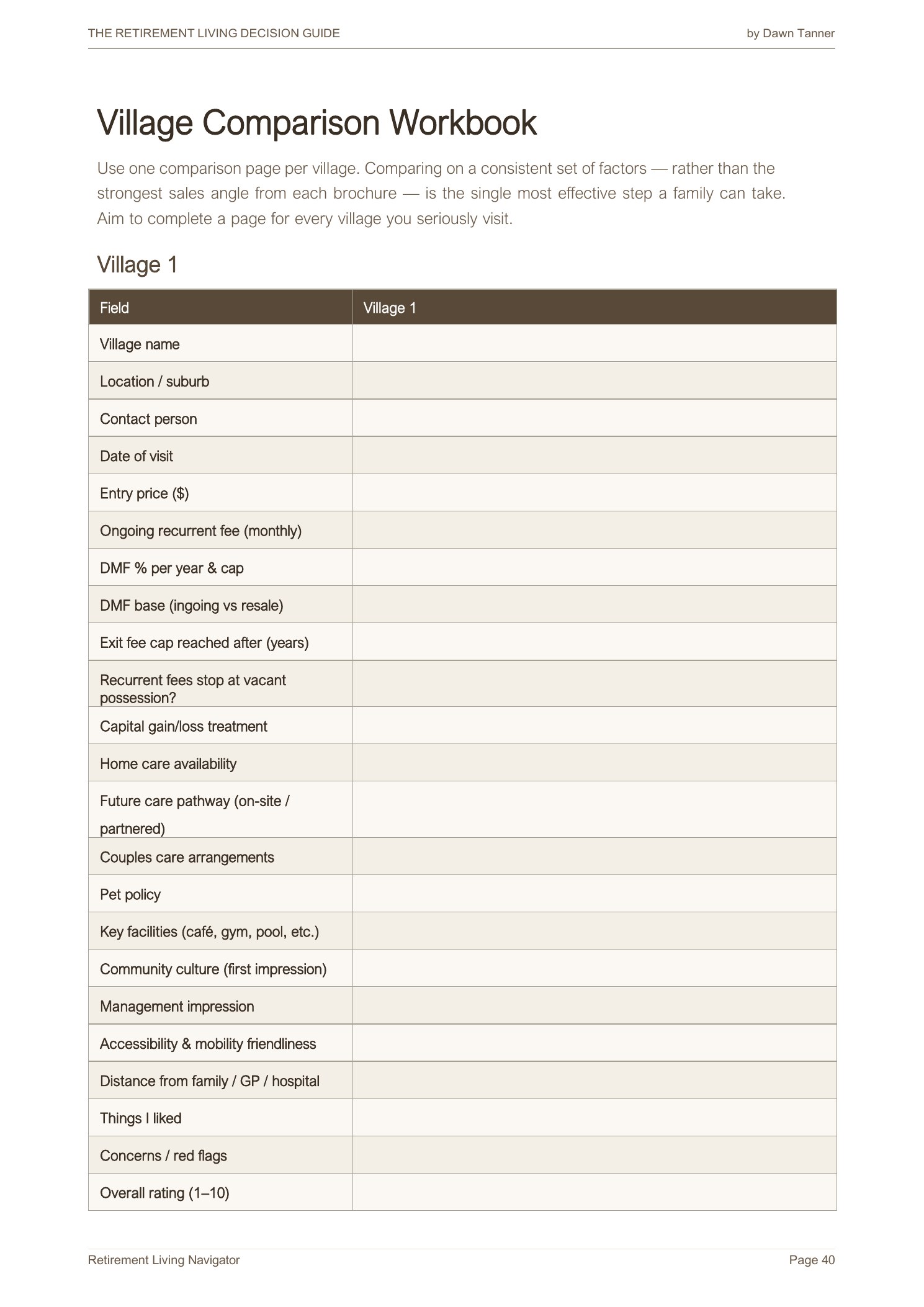 Sample page: Village Comparison Workbook